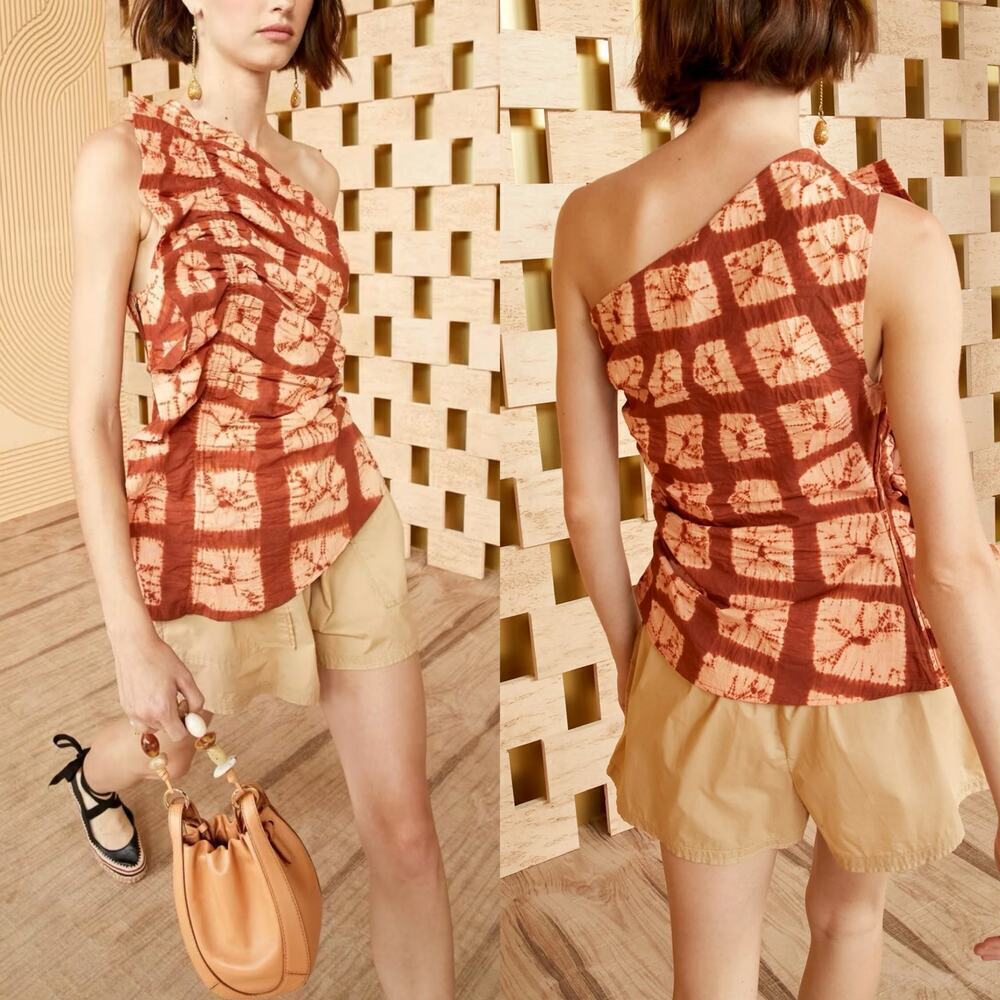 Ulla Johnson Senta One Shoulder Top Sequoia Orange Tie Dye Ruffle Detail Size 6